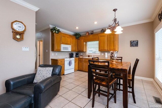 1745 Thornton Ferry Rd, Hot Springs, AR 71913 - kitchen featuring white appliances, ornamental molding, light tile patterned flooring, visible vents, and open floor plan