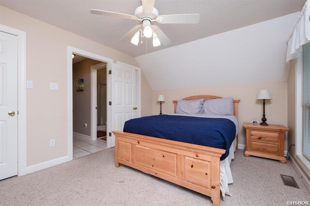 1745 Thornton Ferry Rd, Hot Springs, AR 71913 - bedroom featuring a ceiling fan, carpet floors, visible vents, baseboards, and vaulted ceiling