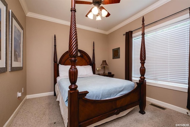 1745 Thornton Ferry Rd, Hot Springs, AR 71913 - bedroom with baseboards, ornamental molding, visible vents, and a ceiling fan