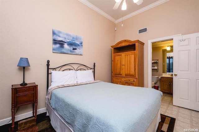 1745 Thornton Ferry Rd, Hot Springs, AR 71913 - bedroom featuring a ceiling fan, ensuite bathroom, ornamental molding, and visible vents