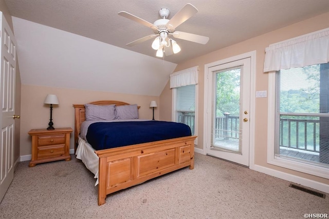 1745 Thornton Ferry Rd, Hot Springs, AR 71913 - bedroom featuring baseboards, visible vents, vaulted ceiling, light carpet, and access to outside