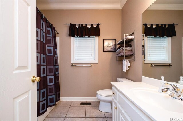 1745 Thornton Ferry Rd, Hot Springs, AR 71913 - bathroom with toilet, vanity, ornamental molding, visible vents, and tile patterned floors