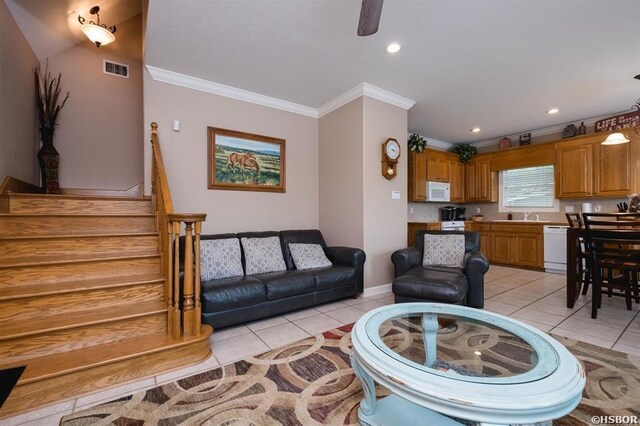 1745 Thornton Ferry Rd, Hot Springs, AR 71913 - living area featuring visible vents, recessed lighting, stairway, crown molding, and light tile patterned floors