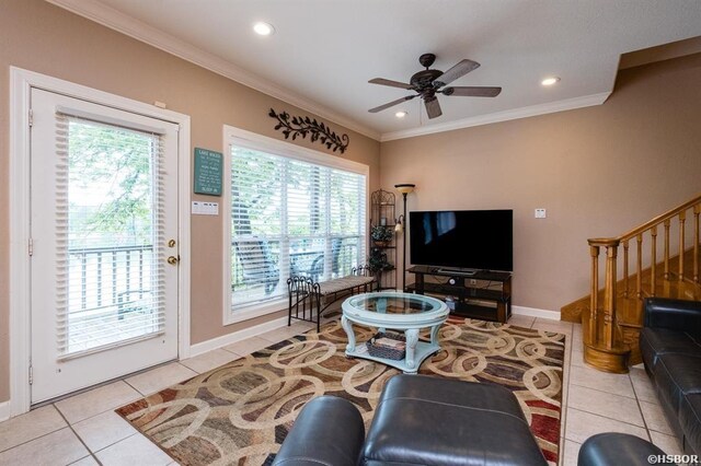 1745 Thornton Ferry Rd, Hot Springs, AR 71913 - tiled living room featuring stairway, a ceiling fan, ornamental molding, and recessed lighting