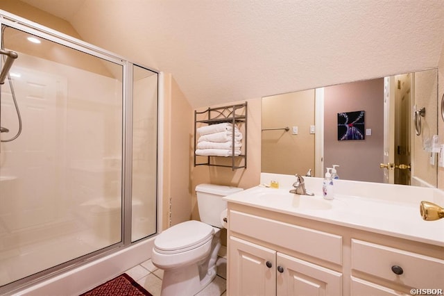 1745 Thornton Ferry Rd, Hot Springs, AR 71913 - bathroom with toilet, lofted ceiling, vanity, a stall shower, and tile patterned flooring