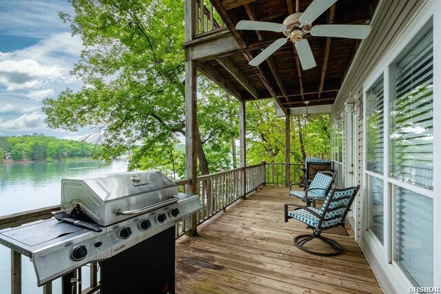 1745 Thornton Ferry Rd, Hot Springs, AR 71913 - wooden deck with a water view, a grill, and a ceiling fan