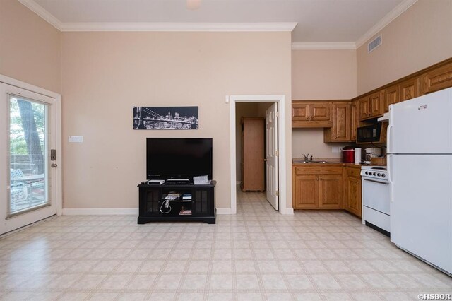 1745 Thornton Ferry Rd, Hot Springs, AR 71913 - kitchen with crown molding, light floors, white appliances, and visible vents