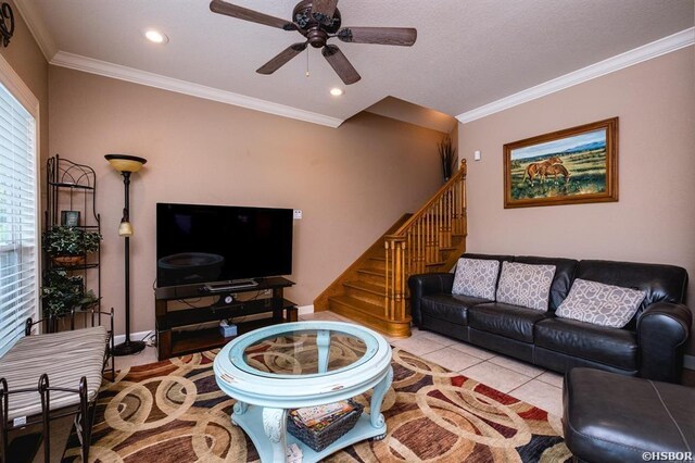1745 Thornton Ferry Rd, Hot Springs, AR 71913 - tiled living room with stairway, ceiling fan, crown molding, and a wealth of natural light