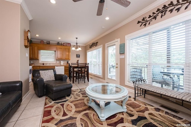 1745 Thornton Ferry Rd, Hot Springs, AR 71913 - living room with recessed lighting, light tile patterned floors, ornamental molding, visible vents, and ceiling fan with notable chandelier