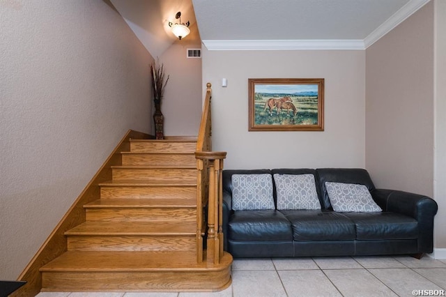 1745 Thornton Ferry Rd, Hot Springs, AR 71913 - stairs with tile patterned flooring, ornamental molding, and visible vents