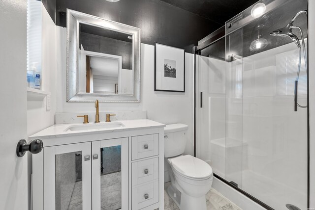 bathroom with toilet, a shower stall, and vanity