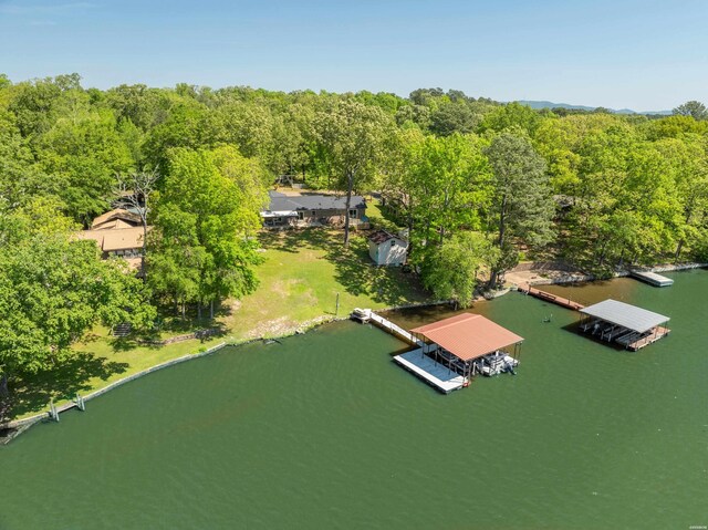 aerial view featuring a water view and a wooded view