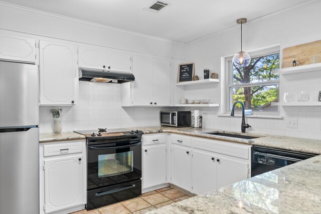 kitchen with a sink, under cabinet range hood, black appliances, and open shelves