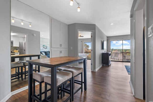 203 Stearns Pt Unit F3, Hot Springs, AR 71913 - dining room featuring rail lighting, dark wood-style flooring, baseboards, and a ceiling fan