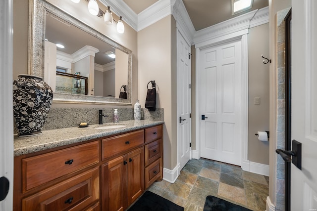 347 Paradise Pt, Hot Springs, AR 71913 - full bath featuring crown molding, stone finish flooring, vanity, and a shower with door