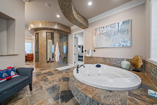 347 Paradise Pt, Hot Springs, AR 71913 - full bathroom featuring crown molding, a jetted tub, stone tile floors, a shower stall, and recessed lighting
