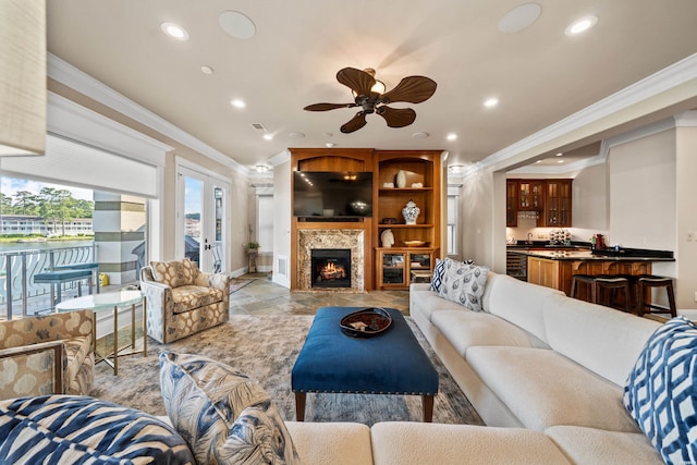 347 Paradise Pt, Hot Springs, AR 71913 - living area with ornamental molding, recessed lighting, ceiling fan, and a stone fireplace