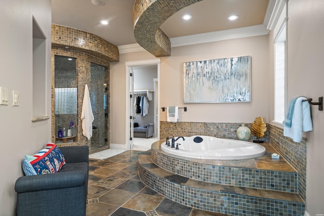 347 Paradise Pt, Hot Springs, AR 71913 - full bath featuring ornamental molding, a garden tub, a shower stall, recessed lighting, and plenty of natural light