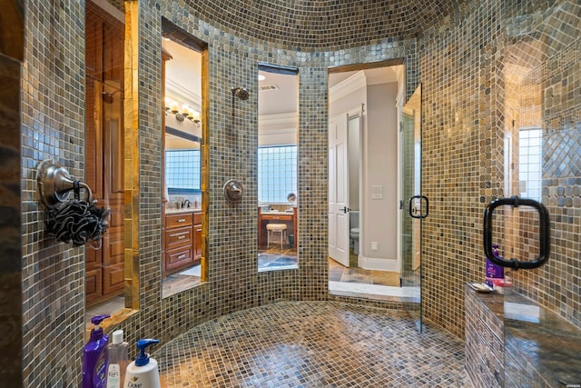 347 Paradise Pt, Hot Springs, AR 71913 - bathroom featuring plenty of natural light, a stall shower, vanity, tile walls, and tile patterned floors
