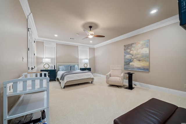 347 Paradise Pt, Hot Springs, AR 71913 - carpeted bedroom with ornamental molding, recessed lighting, and ceiling fan