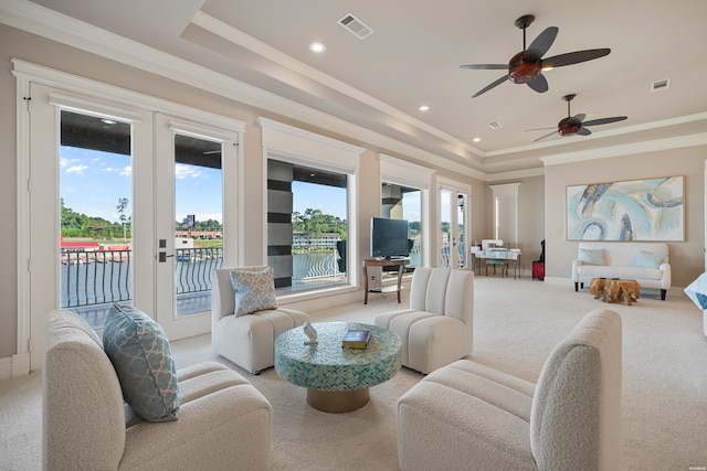 347 Paradise Pt, Hot Springs, AR 71913 - living room featuring light colored carpet, a raised ceiling, ceiling fan, crown molding, and recessed lighting