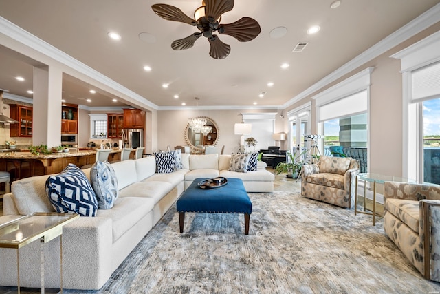 347 Paradise Pt, Hot Springs, AR 71913 - living room with recessed lighting, crown molding, and ceiling fan