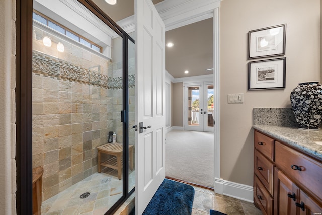 347 Paradise Pt, Hot Springs, AR 71913 - bathroom featuring french doors, a shower stall, vanity, and recessed lighting