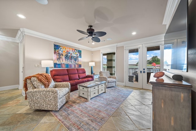 347 Paradise Pt, Hot Springs, AR 71913 - living area featuring crown molding, stone tile flooring, a ceiling fan, french doors, and recessed lighting