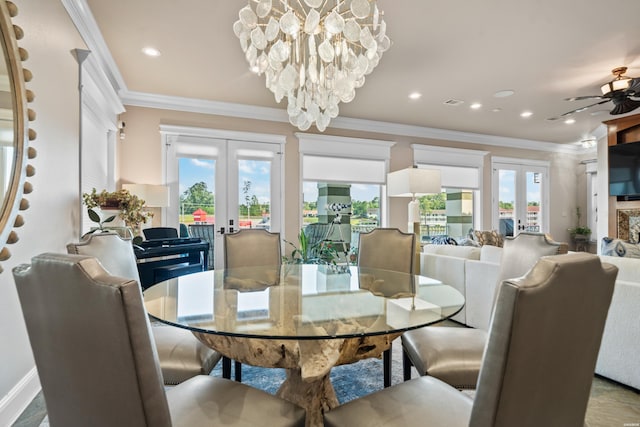 347 Paradise Pt, Hot Springs, AR 71913 - dining space with french doors, ceiling fan, a chandelier, ornamental molding, and recessed lighting