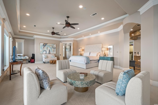 347 Paradise Pt, Hot Springs, AR 71913 - bedroom featuring a raised ceiling, recessed lighting, carpet flooring, ornamental molding, and arched walkways
