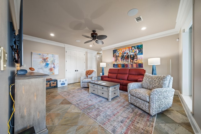 347 Paradise Pt, Hot Springs, AR 71913 - living area with ornamental molding, ceiling fan, recessed lighting, and stone tile flooring
