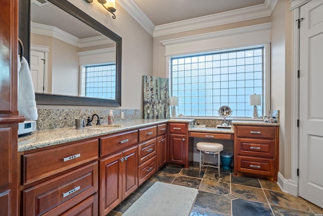 347 Paradise Pt, Hot Springs, AR 71913 - bathroom featuring vanity, ornamental molding, tasteful backsplash, and stone finish floors