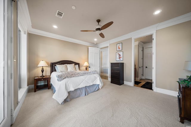 347 Paradise Pt, Hot Springs, AR 71913 - carpeted bedroom featuring crown molding, recessed lighting, and a ceiling fan