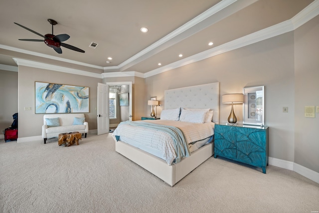 347 Paradise Pt, Hot Springs, AR 71913 - bedroom featuring ornamental molding, carpet, recessed lighting, a tray ceiling, and a ceiling fan