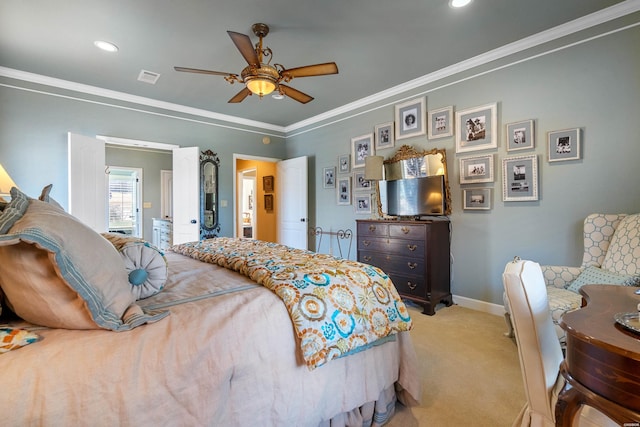 bedroom with visible vents, light carpet, ornamental molding, a ceiling fan, and baseboards