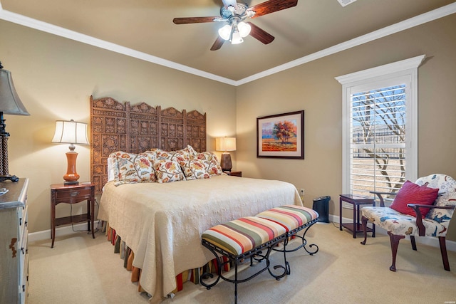 bedroom featuring baseboards, light carpet, and crown molding