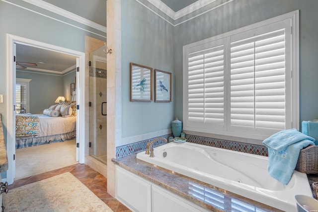 full bathroom with a stall shower, connected bathroom, ornamental molding, and a whirlpool tub