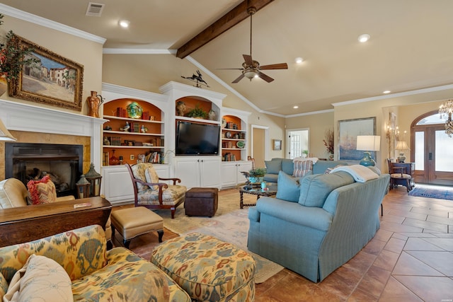 living room featuring visible vents, a fireplace with raised hearth, beam ceiling, ceiling fan with notable chandelier, and recessed lighting