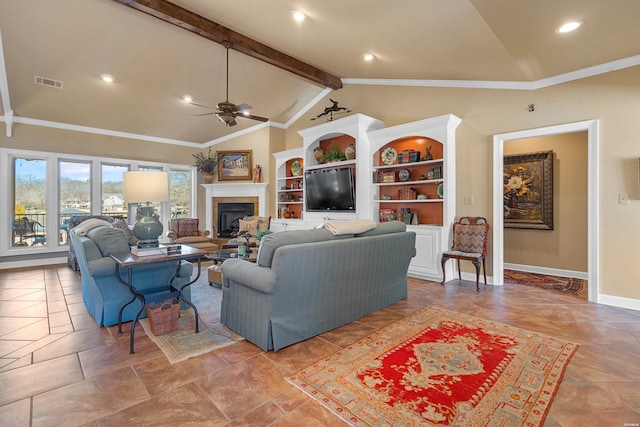 living room with a ceiling fan, visible vents, baseboards, vaulted ceiling with beams, and a tiled fireplace