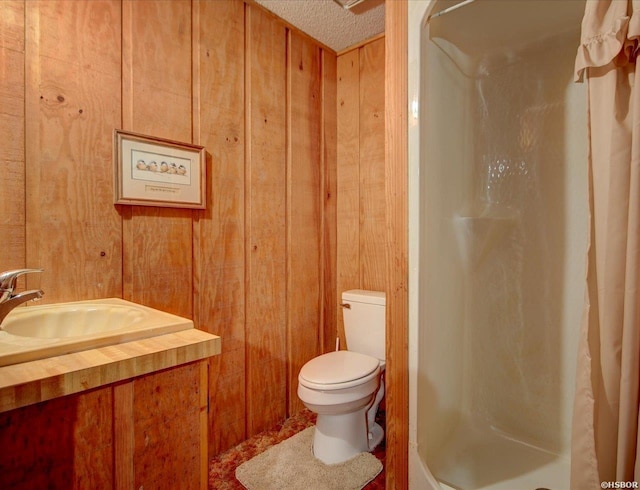 full bathroom featuring toilet, wooden walls, vanity, and a stall shower