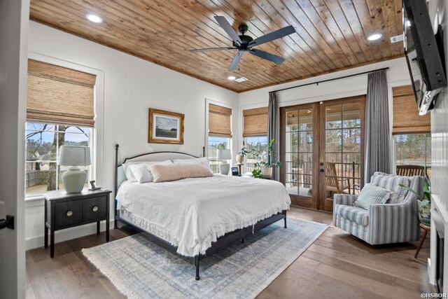 bedroom featuring access to exterior, wood ceiling, dark wood finished floors, and french doors