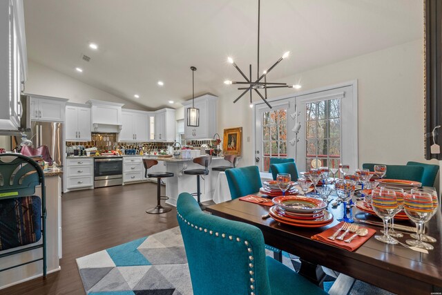 dining area featuring visible vents, dark wood finished floors, french doors, a notable chandelier, and recessed lighting