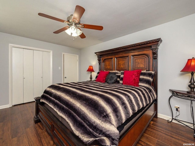 9925 Echo Valley Ct, Little Rock, AR 72227 - bedroom featuring dark wood-type flooring, baseboards, ceiling fan, and a closet