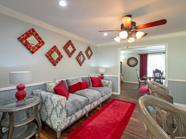 9925 Echo Valley Ct, Little Rock, AR 72227 - living area featuring ceiling fan, wood finished floors, crown molding, and recessed lighting