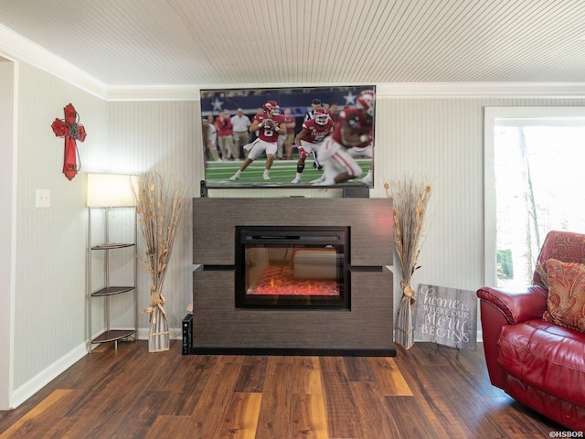 9925 Echo Valley Ct, Little Rock, AR 72227 - detailed view of wood finished floors, a glass covered fireplace, crown molding, and baseboards