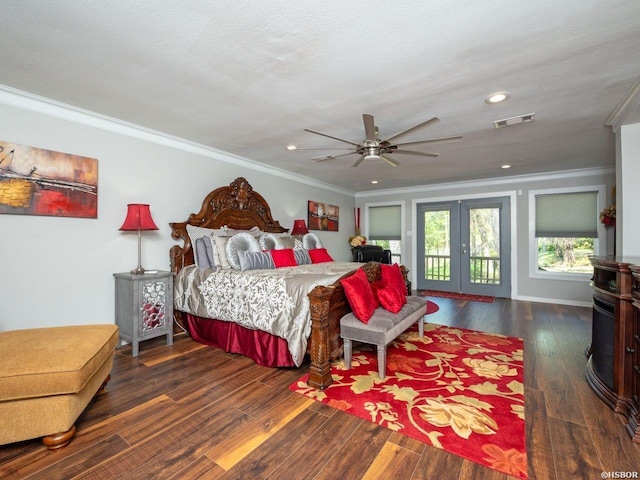 9925 Echo Valley Ct, Little Rock, AR 72227 - bedroom featuring access to outside, ornamental molding, french doors, wood-type flooring, and recessed lighting