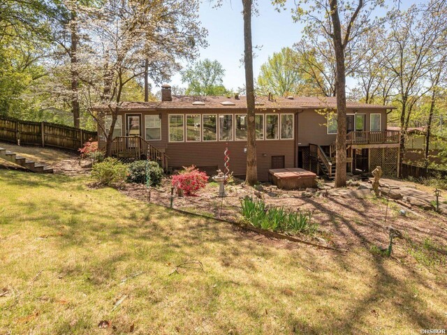 9925 Echo Valley Ct, Little Rock, AR 72227 - rear view of house featuring stairs, a chimney, and a wooden deck