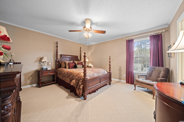 bedroom with light carpet, ornamental molding, and baseboards