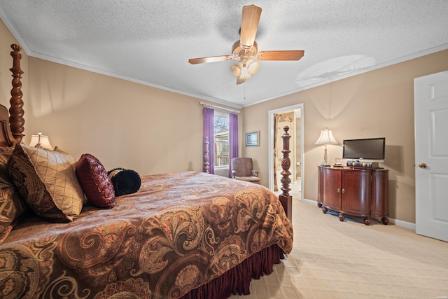 bedroom with light carpet, a textured ceiling, and crown molding