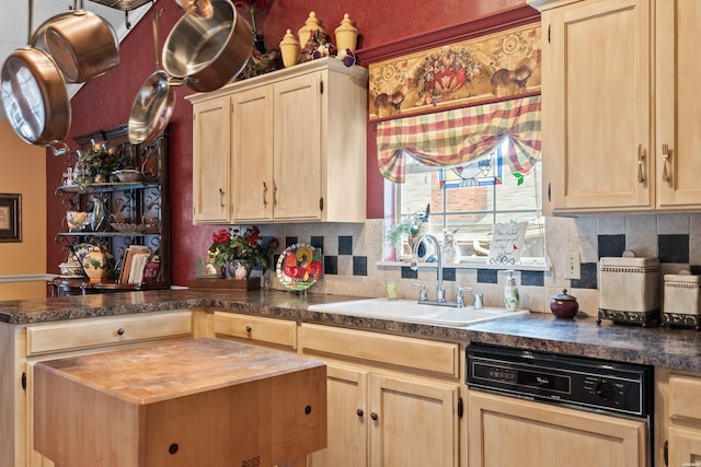 kitchen featuring decorative backsplash, dishwashing machine, butcher block countertops, light brown cabinets, and a sink